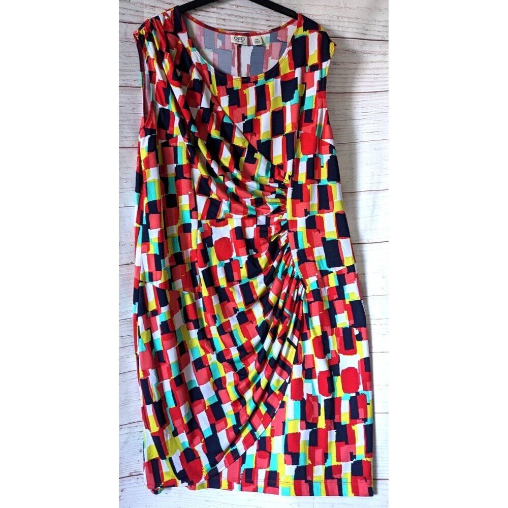 Cato Woman Dress Red Black Yellow Faux Wrap Knee Length Ruched Knit Stretch 16W